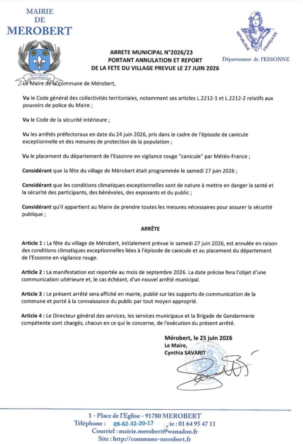 Arrête municipal portant annulation et report de la fête du village